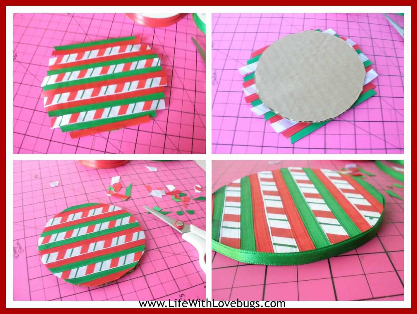 Make Christmas Ornaments with: cardboard, yarn & ribbon