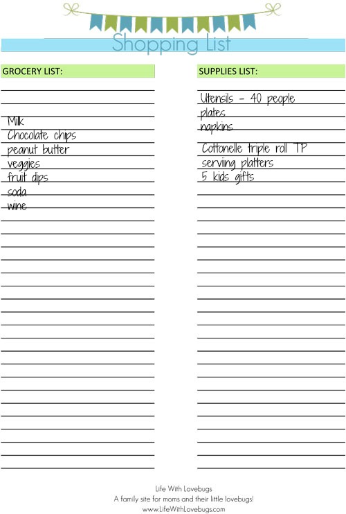 Party Planning Tips:  Shopping List