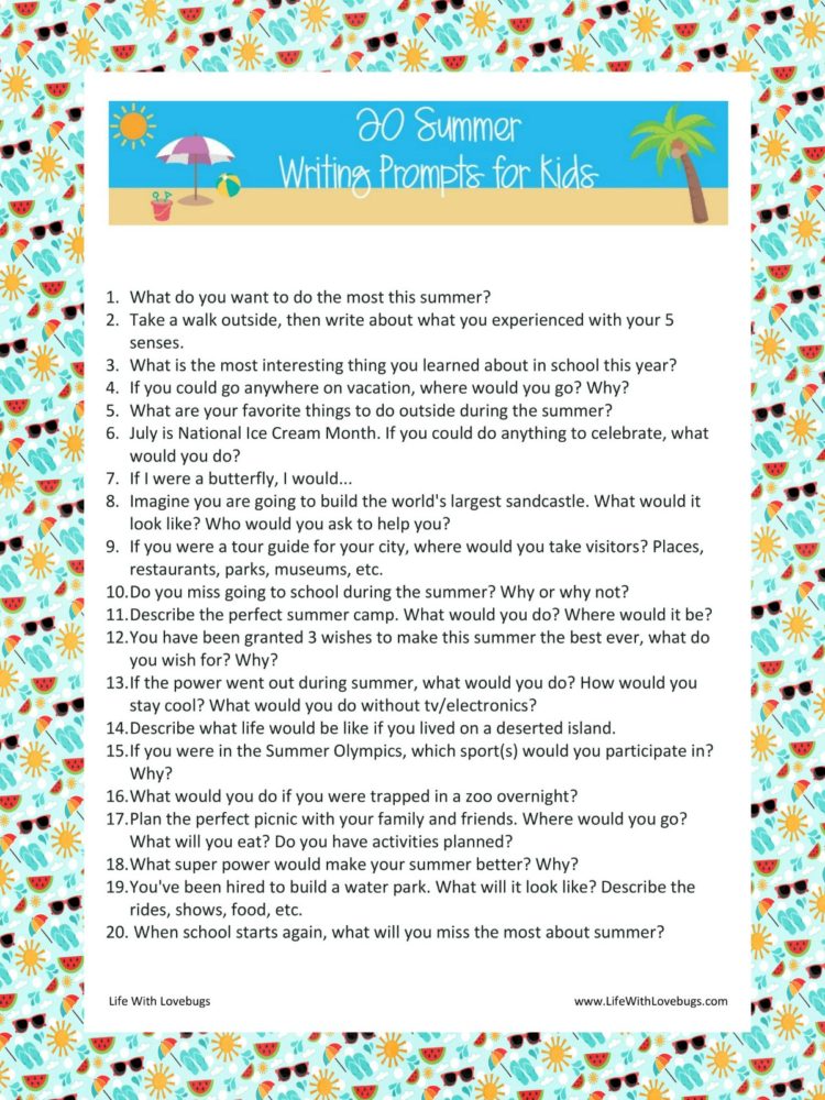 Printable List of 20 Summer Writing Prompts for Kids