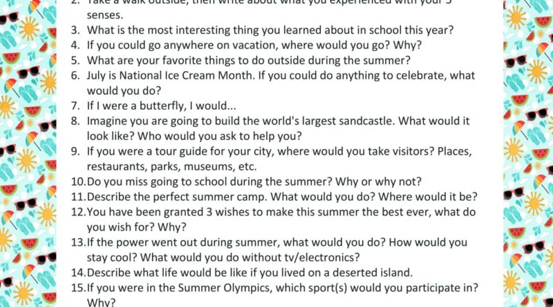 Printable List of 20 Summer Writing Prompts for Kids