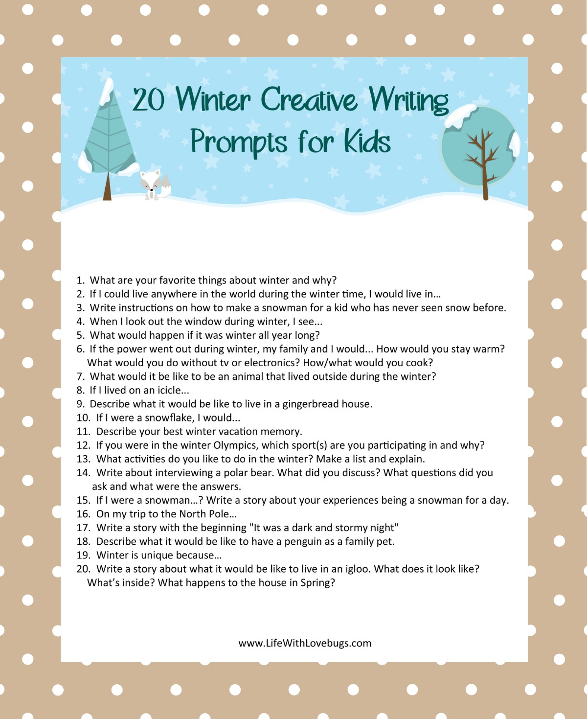 20 Winter Writing Prompts for Kids - Life With Lovebugs