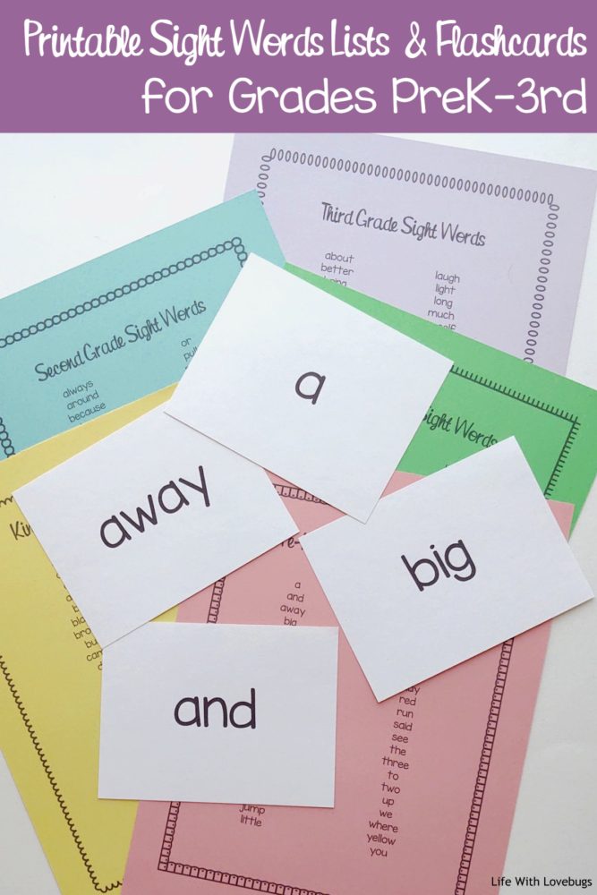 Sight Words Printable Lists and Flashcards for Grades PreK-3rd