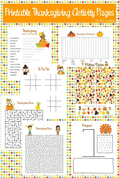 Printable Thanksgiving Themed Activity Pages for Kids